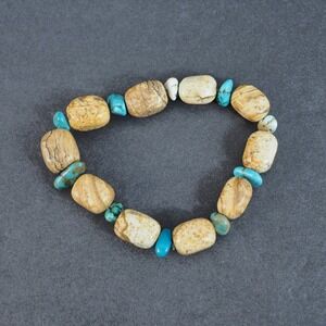 Stone Barrel Bead Stretch Bracelet Tan Nugget Blue White Accent Chunky Statement